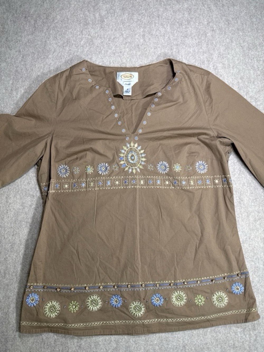 Embroidered Brown V-Neck Women's Top